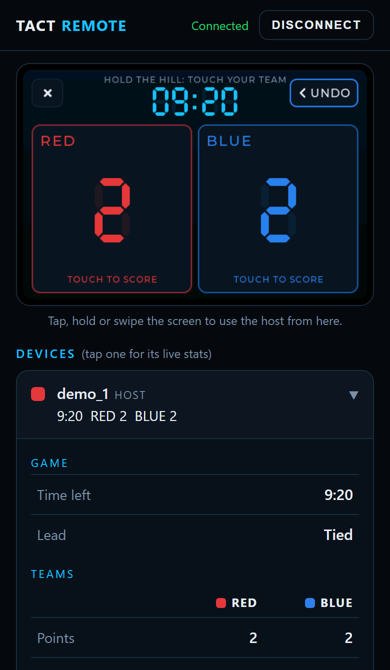TACT phone remote showing a live game and team stats